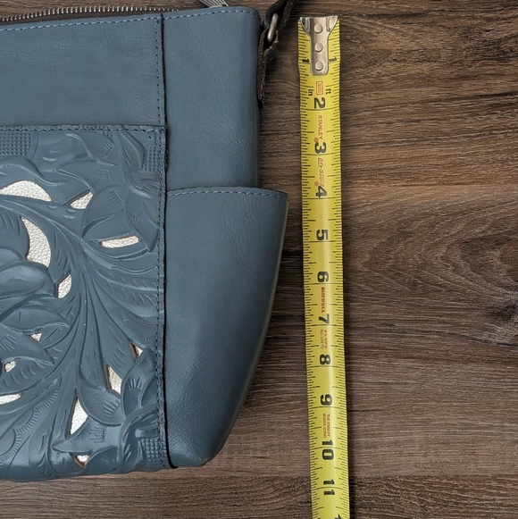 Patricia Nash Tooled Leather Crossbody – Dusty Blue Floral w/ Metallic - Picture 16 of 16